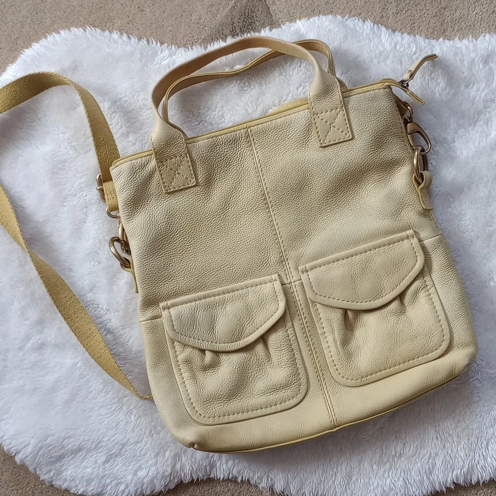 Fossil Genuine Leather Light Green Crossbody Tote Bag with Front Pockets